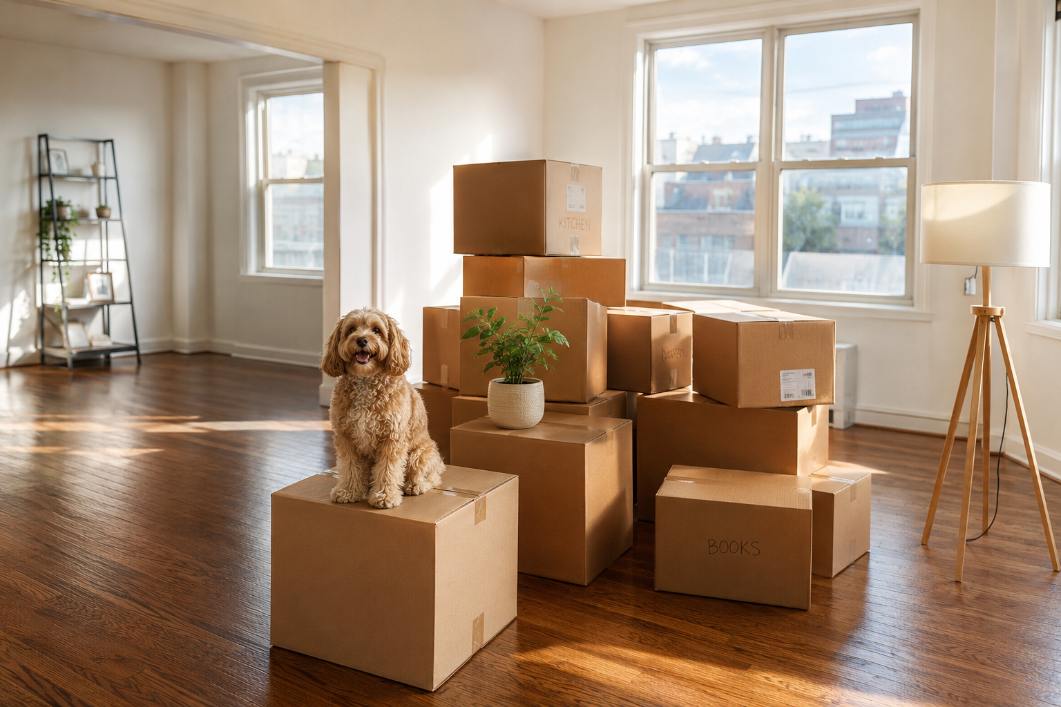 Moving boxes in a bright apartment